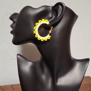 Handmade Floral beaded Earrings – Yellow, Green, and White.